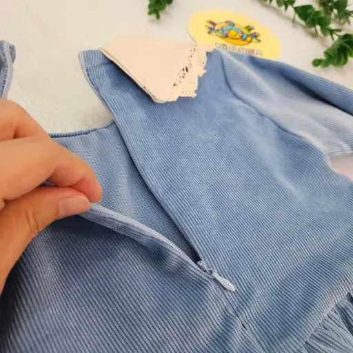 پیراهن مخمل کبریتی دخترانه یقه گلدوزی شده با کیف ست | لباس مجلسی کودک رنگ و سایز آبی الماسی 45