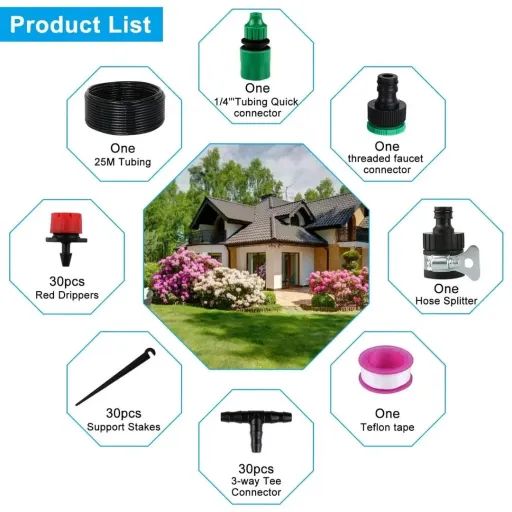 سیستم آبیاری باغ BNGXR، کیت آبیاری قطره ای 25 متری DIY، میکرو قابل تنظیم برای گیاهان باغ، آبیاری قطره ای، کشت گلخانه ای