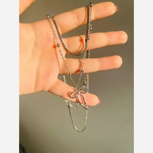 گردنبند دخترانه دو لاین استیل طرح پاپیون رنگ نقره ای گزینه ها گردنبند