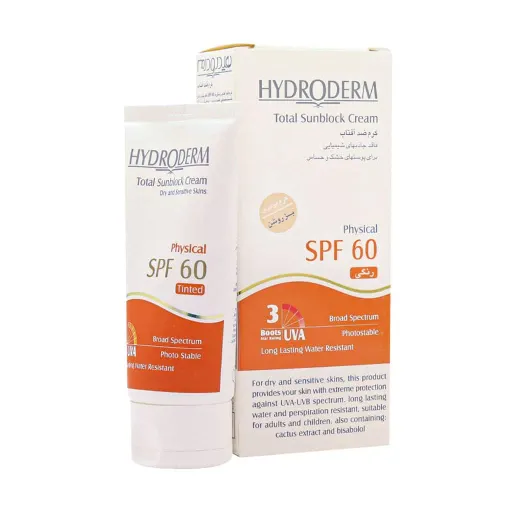 کرم ضد آفتاب SPF60 رنگی هیدرودرم مناسب پوست های خشک و حساس