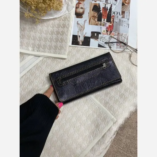 کیف پول و موبایل چرم دستدوز مدل عطارد سه لت رنگ قهوه ای