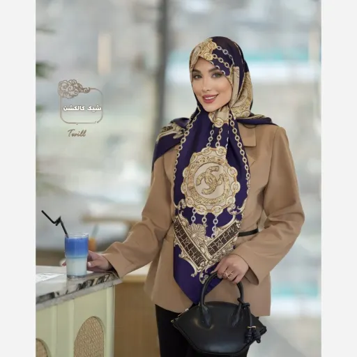 روسری ابریشم توییل تاج حلقه شنل رنگ مشکی