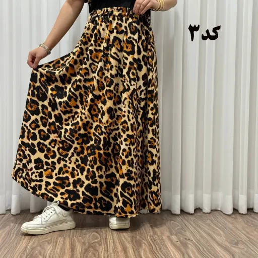 دامن زنانه بلند کرپ الیزه طرح پلنگی فری سایز تا 50 چهارفصل شیک راحت بدون آبرفت و چروک گزینه ها کد-3
