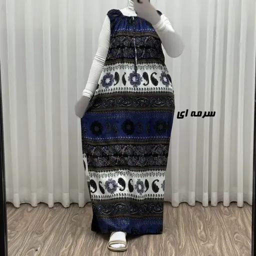 پیراهن ماکسی نخی زنانه آستین حلقه ای فری سایز مناسب تا سایز 52 گزینه ها آبی