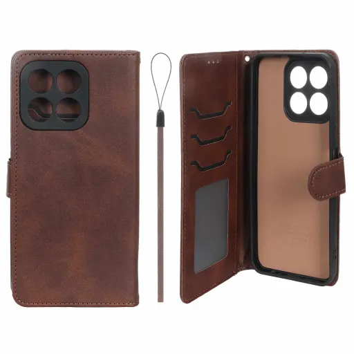 کیف موبایل چرمی جاکارتی مگنتی محافظ لنزدار درجه یک داخل خز MNC Plus مدل هواوی آنر Honor X6b رنگ عسلی
