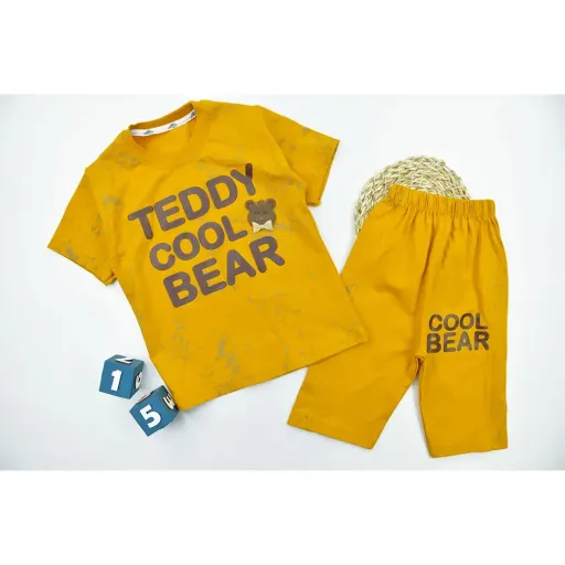 ست تیشرت و شلوارک پسرانه طرح تدی جنس پنبه ای (3) گزینه ها سایز 1تا2سال(سایز35) | کرم