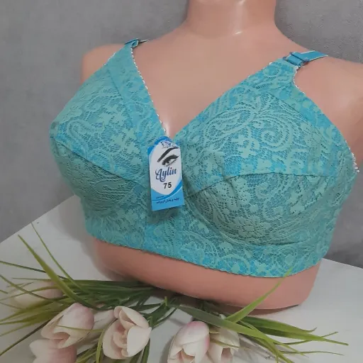 سوتین گیپور دولایه زیر بافتینه ضدحساسیت در دورنگ ابی سرخابی سایز 85