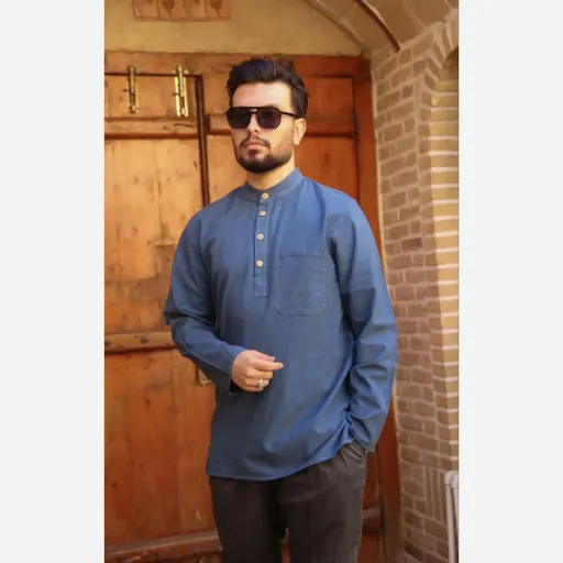 پیراهن مردانه الیاف طبیعی 100 درصد پنبه مدل چهار دکمه رنگ آبی نفتی گزینه ها سایز 4XL