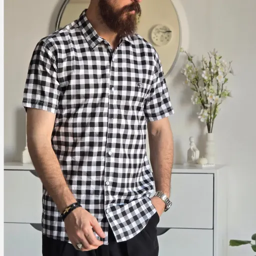 پیراهن آستین کوتاه مردانه چهارخونه نخی سایز M تا XXL رنگ XL  کالباسی