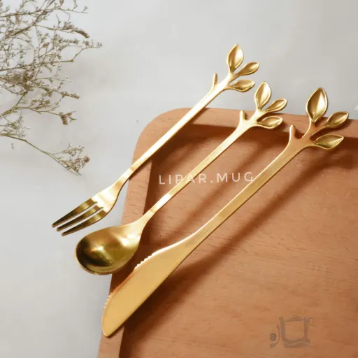 کارد و چنگال استیل برگی رنگ ثابت مخصوص سرو صبحانه و کره و پنیر خوری و کیک رنگ طلایی