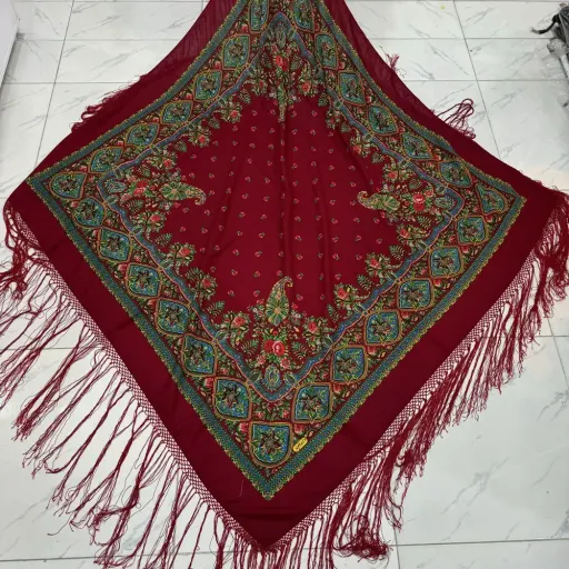 روسری ترکمن نخی ترک مدل ترمه کد 1670 وارداتی ترکیه قواره 140-150 سانت ریشه دستباف