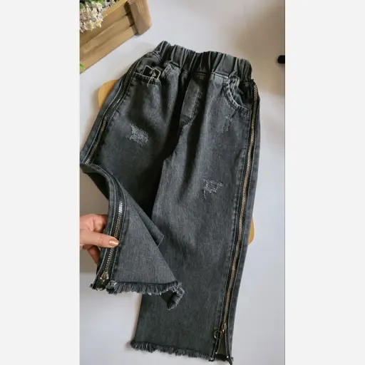 شلوار بگ جین زغالی بغل زیپ دار دخترانه سایز 85 تا 100 گزینه ها ۹۵