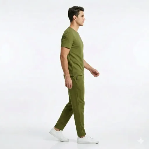 ست تیشرت و شلوار مردانه طرح بیسکویتی یقه کوبایی رنگ سبز سایز 2XL