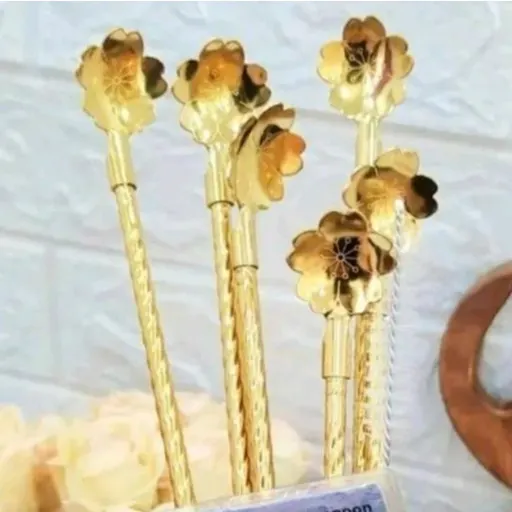قاشق نی دار طلایی فرچه دار شربت استیل نگیر وارداتی طرح گل رنگ ثابت(6تایی)