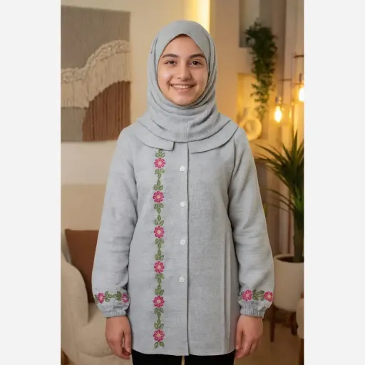 مانتو تونیک دخترانه گلدوزی شده جنس لینن مناسب 8 تا 15 سال رنگ آبی سایز5 5