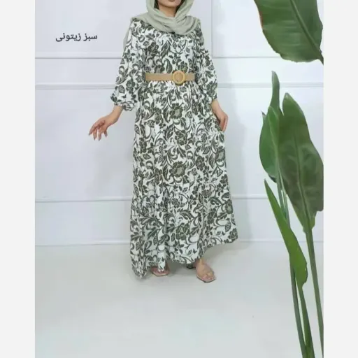 پیراهن ساحلی نخی فلور زمینه سفید فری سایز (38 تا 48) بدون بدن نما گزینه ها آبی
