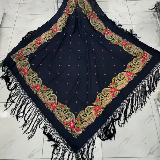 روسری ترکمن نخی ترکمن اصل وارداتی کد 1668 قواره 140-150 سانت 4 فصل ریشه دستباف