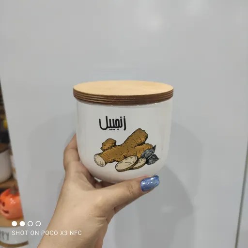 بانکه پا سماوری سرامیکی درب چوبی با طراحی خاص و زیبا (قیمت1ععد) جاادویه نبات