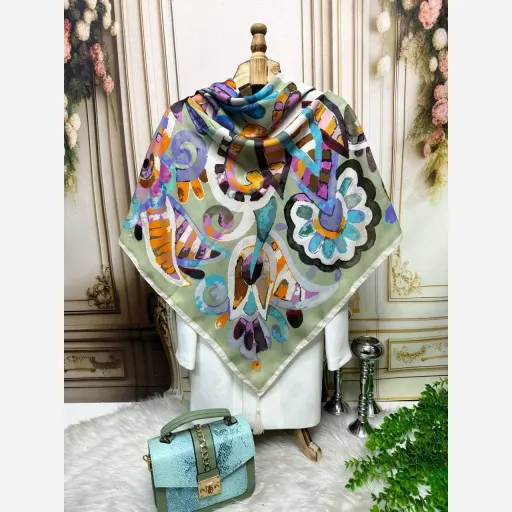 روسری نخ کاستوم کاشی آبرنگی رنگ سفید
