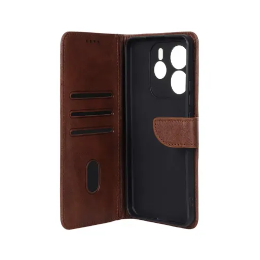 کیف چرمی موبایل جاکارتی مگنتی محافظ لنزدار Xiaomi Redmi Note 14 4G رنگ قهوه ای روشن