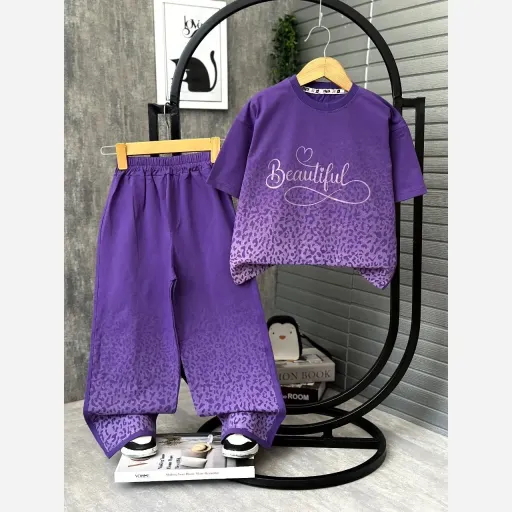 ست بلوز شلوار بگ دخترانه طرح Beautiful نخ پنبه لاکرادار سایز 50 تا 65 گزینه ها بنفش | 65