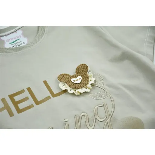 ست تیشرت و شلوار بگ دخترانه طرح hello میکی کد 11337 گزینه ها سایز 9تا10سال(سایز55) | کرم
