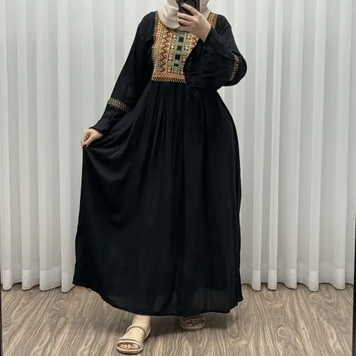 پیراهن نخی گلدوزی شده زنانه مدل مانیا فری سایز مناسب تا سایز 48 گزینه ها سرمه‌ای