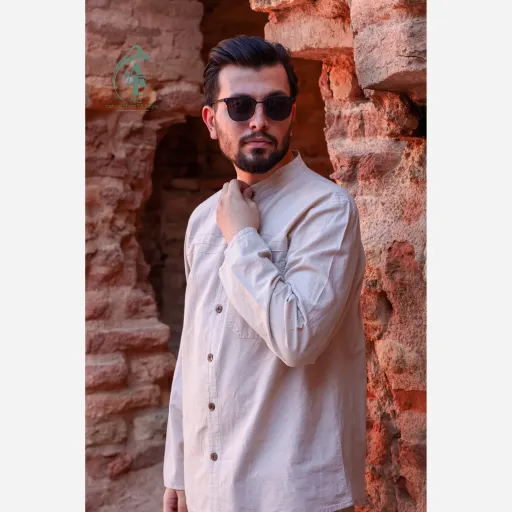پیراهن مردانه الیاف طبیعی تمام دکمه سه خط رنگ استخوانی گزینه ها سایز 4XL