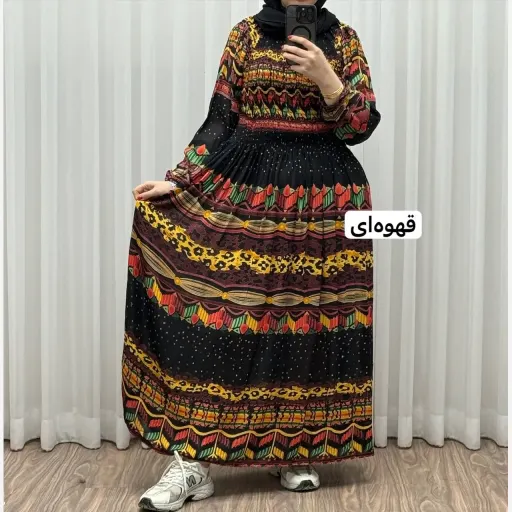 پیراهن زنانه کریشه هندی سرخپوستی وارداتی فری سایز تا 56 قد 140 سانتیمتر شیک و راحت چهارفصل بدون سایه اندازی گزینه ها قهوه‌ای