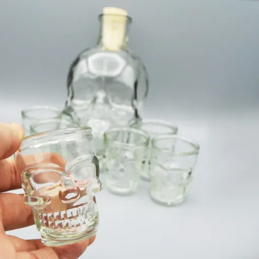 بطری آب طرح دار و6لیوان کوچک جمجمه(بطری ظرفیت 0.8 لیتر )درب چوبی.