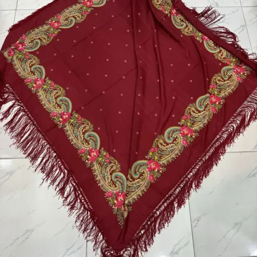 روسری نخی ترکمن کد 1652 قواره 140-150 سانت ریشه دستباف قابل استفاده 4 فصل