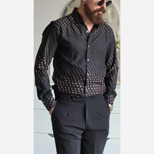 پیراهن مردانه آستین بلند مشکی طرحدار پارچه سارینا سایز M تا XXL سایز M