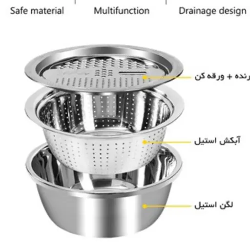 آبکش لگن و رنده استیل قطر30cm ست 3 پارچه کامل برند یونیکUniqe