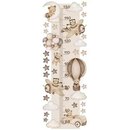 برچسب دیواری اتاق کودک - اندازه گیری قد ( چارقد ) تدی در آسمان - کد W311 سایز کلی پک عرض 40 - عرض 100 سانتیمتر