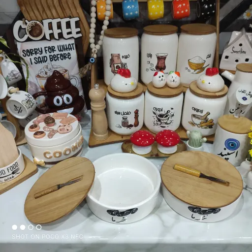ظرف سرو خرما سرامیکی درب چوبی طرح گرد