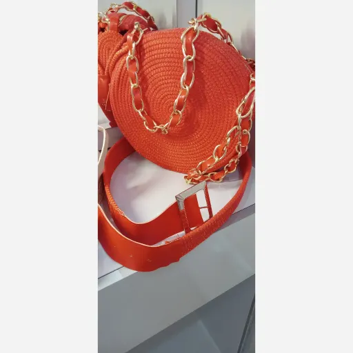 ست کیف و کفش و کمربند زنانه جنس قیطان رنگ نارنجی سایز 40 زیره پیو لژدار 5 سانتی