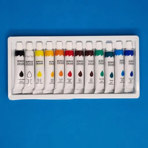 رنگ اکرلیک 12 رنگ جعبه مقوایی برند DRAW