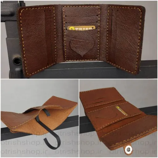 کیف پول چرمی 3 لت جیبی مدل رودوخت زبانه قفل آهنربایی - 10 کارت و جای عکس رنگ قهوه ای