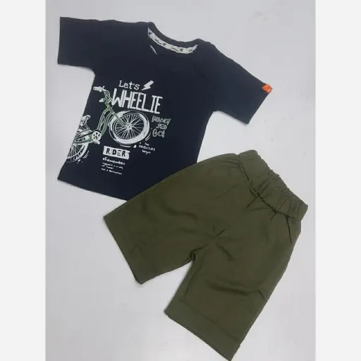 ست تیشرت و شلوارک طرح دوچرخه بلوز و شلوارک کتان سایز 35 و40و 45 و 50 لباس ست پسرانه بلوز سورمه ای و شلوارک کتان رنگی  رنگ و سایز قرمز سایز 50