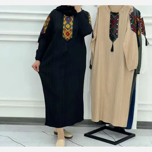 پیراهن زنانه کراش کتیبه ای فری سایز مناسب تا سایز 50 گزینه ها سرمه‌ای