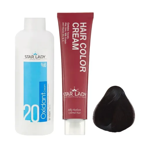 رنگ مو استارلیدی شماره 2.0 حجم 120 میلی لیتر رنگ قهوه ای خیلی تیره به همراه اکسیدان استارلیدی مدل 20 شش درصدی حجم 180...