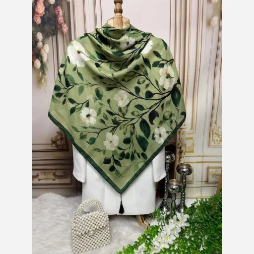 روسری نخ کاستوم گلهای سبز آنمونه