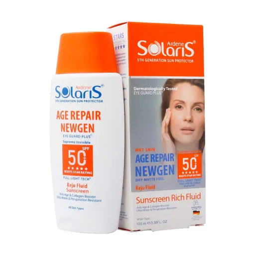 فلوئید ضد آفتاب و ضد چروک SPF50 آردن سولاریس | سایز 100 میلی لیتر | سن مصرف بزرگسال | شرکت سازنده داروسازی پارس حیان | کد بهداشتی 38/16486 | کشور سازنده ایران | مناسب برای انواع پوست | نوع محصول فلوئید | نوع محفظه بطری پلاستیکی | رنگ بی رنگ