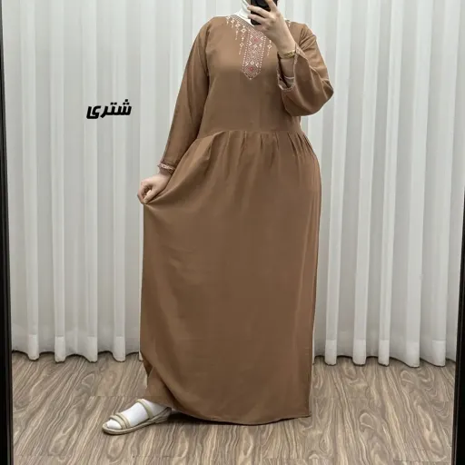 پیراهن ساحلی نخی زنانه مدل آتریسا فری سایز با کمربند گزینه ها خردلی