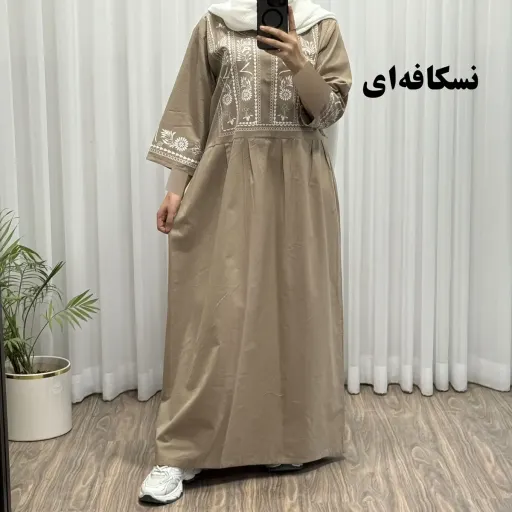 پیراهن لینن زامفورس فری سایز زنانه تا سایز 48 چهارفصل شیک و راحت بدون آبرفت و رنگ رفت کمربنددار گزینه ها نسکافه‌ای