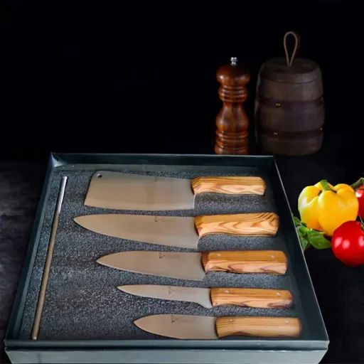 سرویس چاقو آشپزخانه 6 پارچه الماس زنجان مدل 03 رنگ قهوه ای روشن