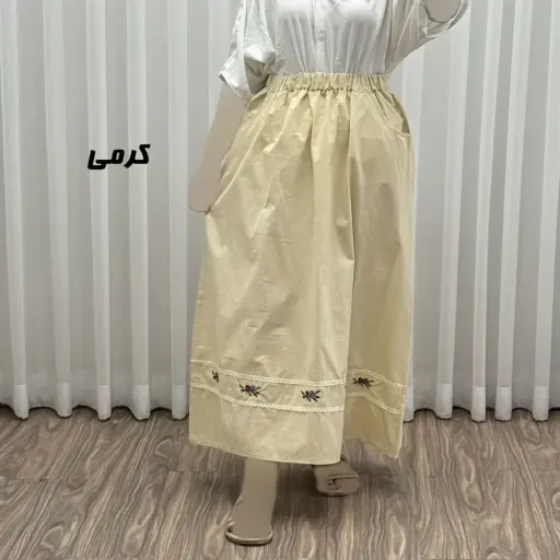 دامن لینن نچرال گلدوزی شده زنانه فری سایز مناسب تا 46 گزینه ها سبز زیتونی