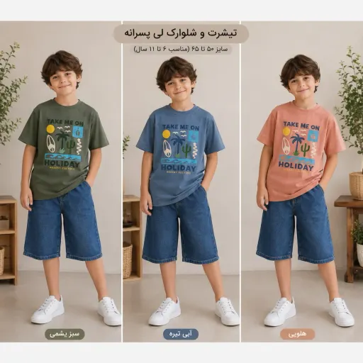 ست تیشرت پنبهای و شلوارک لی پسرانه طرح هاوایی گزینه ها ۵۰ | کرم