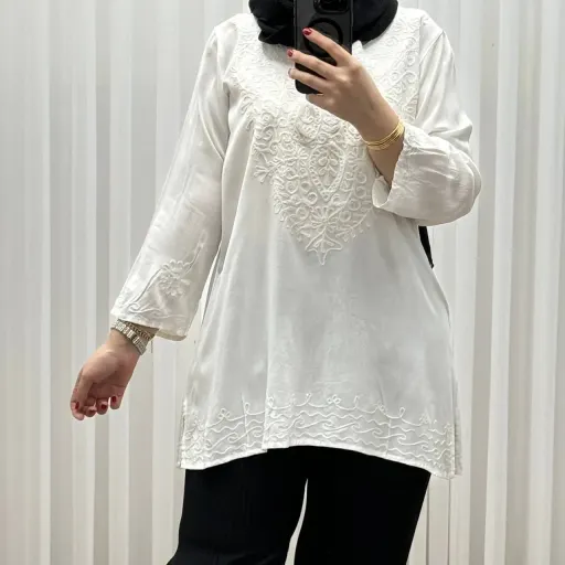 تونیک سفید نخی وارداتی زنانه کد 1280 چهارفصل تنخور شیک راحت سایز M XL گزینه ها سایز xl