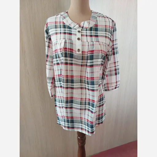 تونیک زنانه چهارخانه نخی آستین سه ربع  رنگ و سایز سبز با خط فسفری2xl